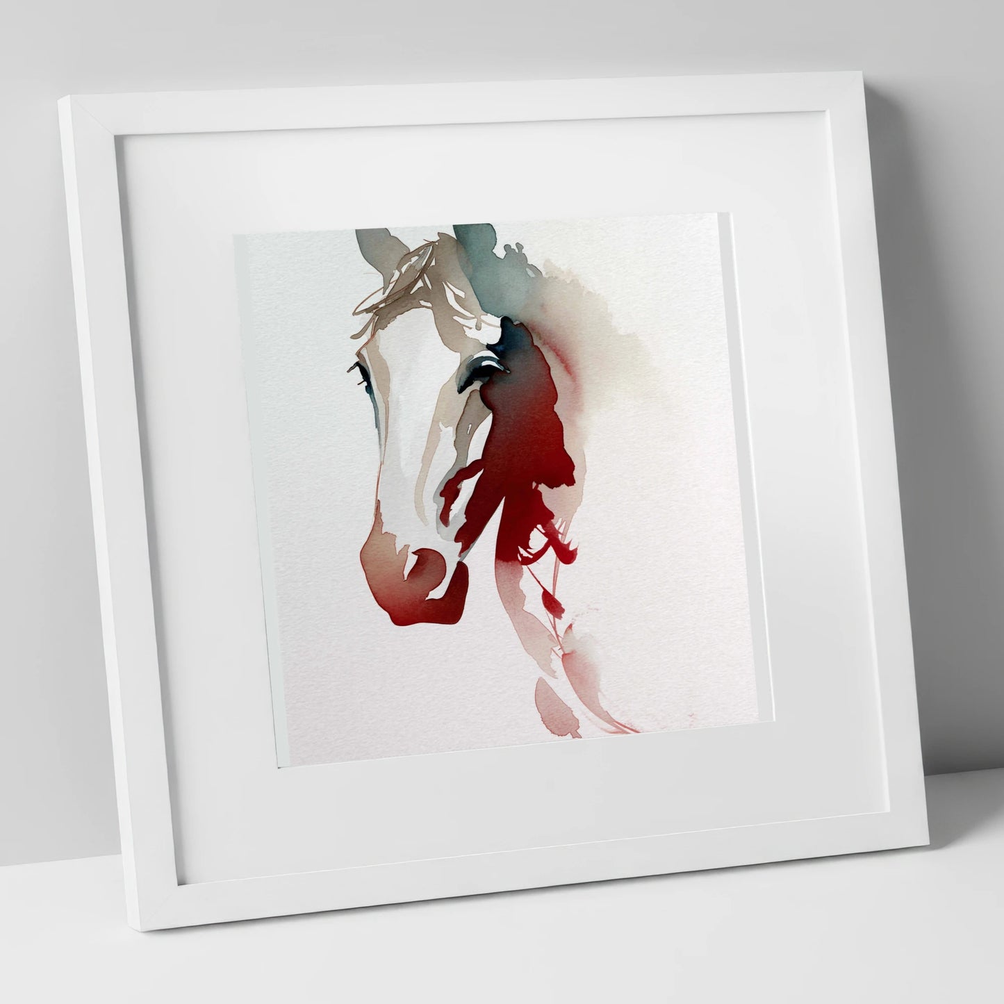Ethereal Crimson Profile horse portrait art print in white frame