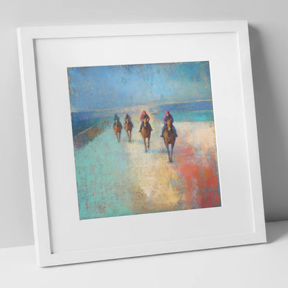 The Morning String racing horse art print in white frame
