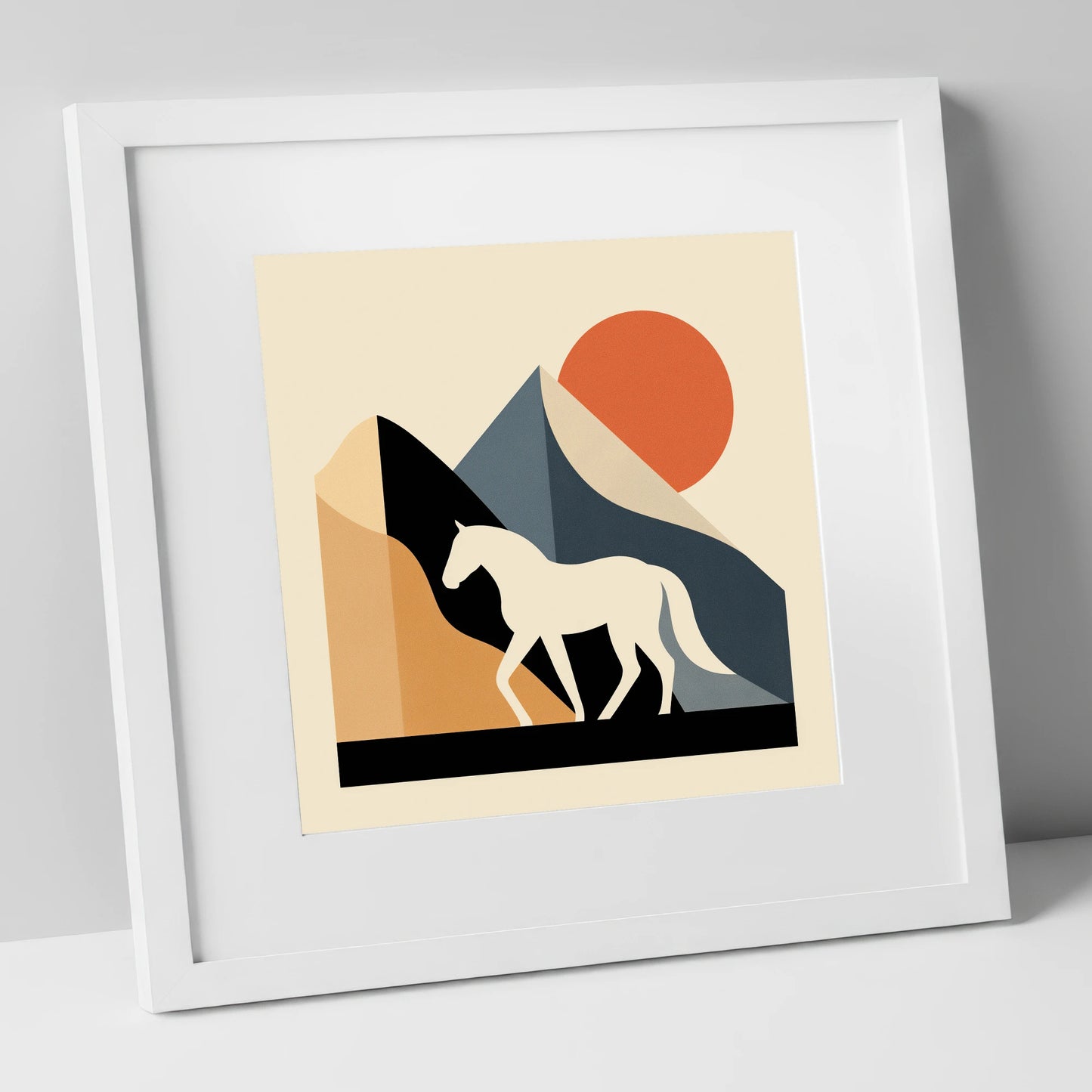 Abstract Equine Sunrise horse landscape art print in white frame