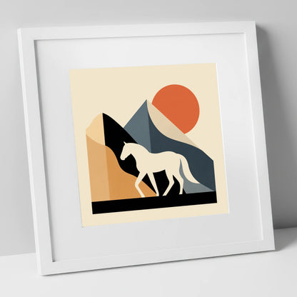 Abstract Equine Sunrise horse landscape art print in white frame