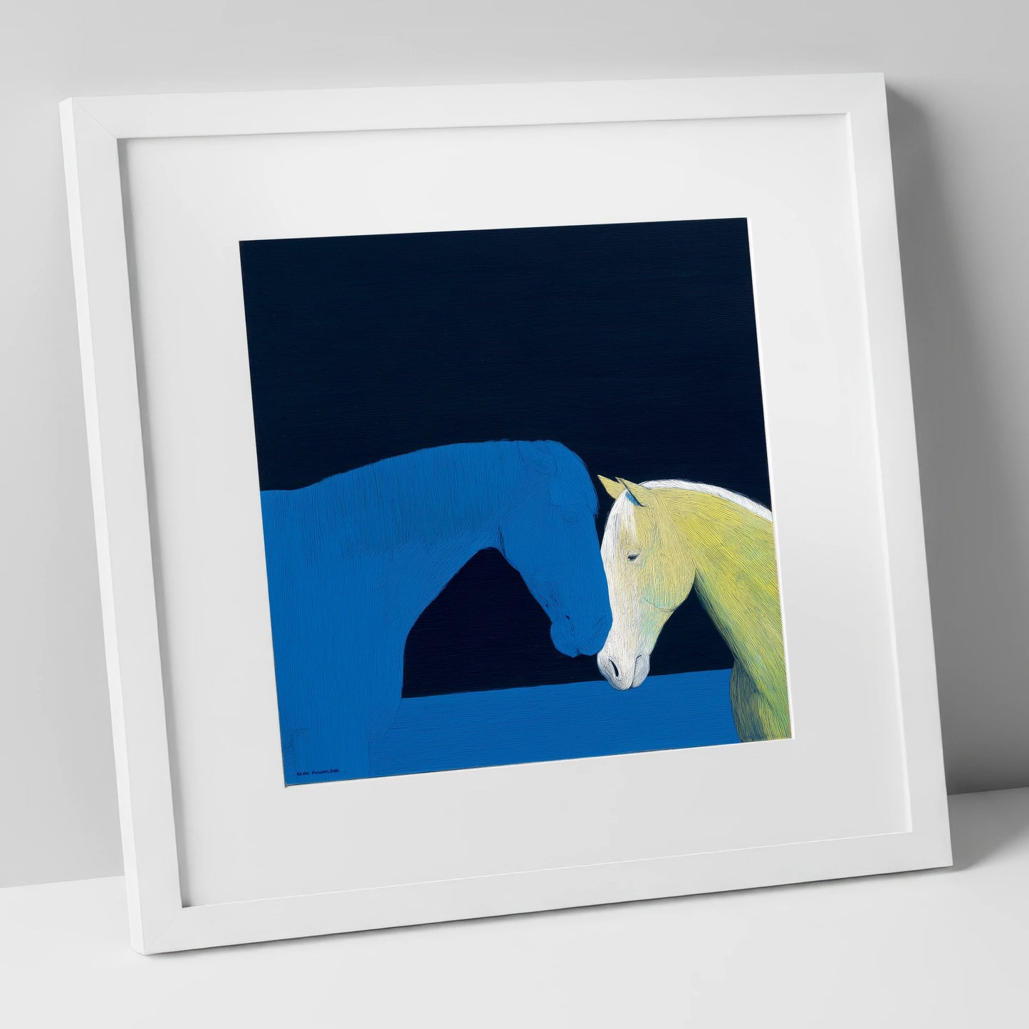 Silent Greeting horse portrait art print in white frame