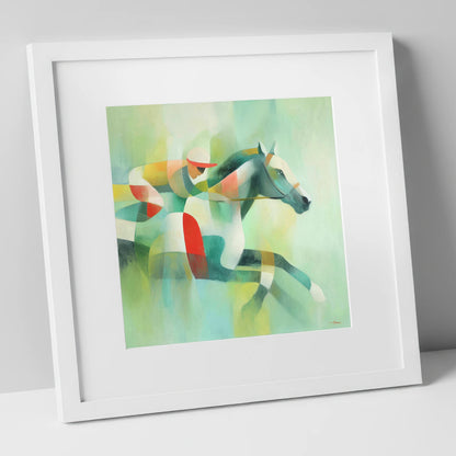 Prismatic Racing Stride racing horse art print in white frame