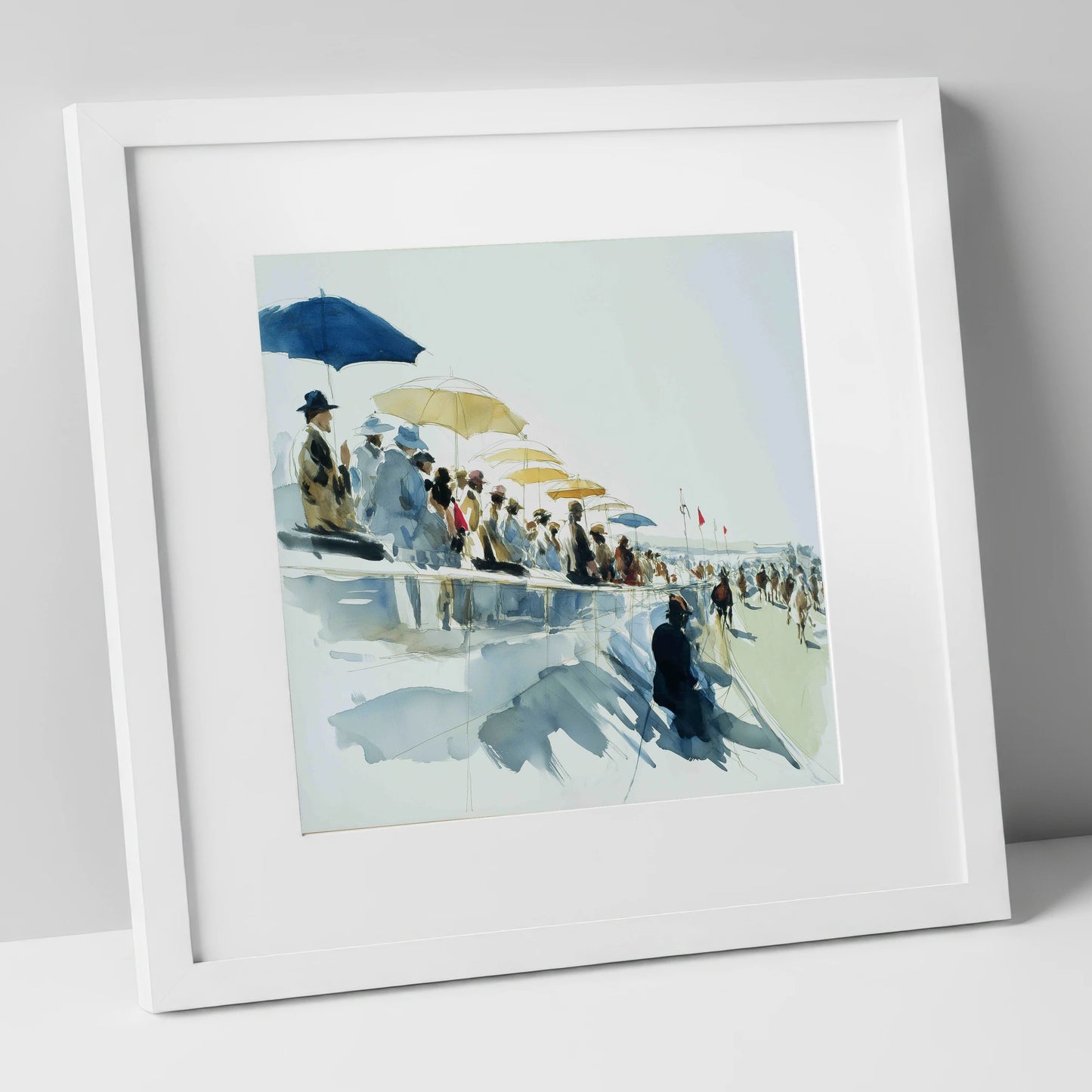Gathering at the Rails racing horse art print in white frame