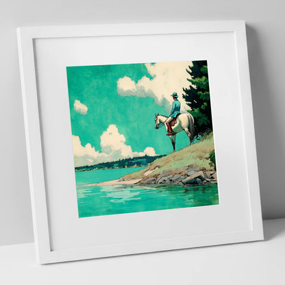 Teal Waters Vantage beach horse art print in white frame