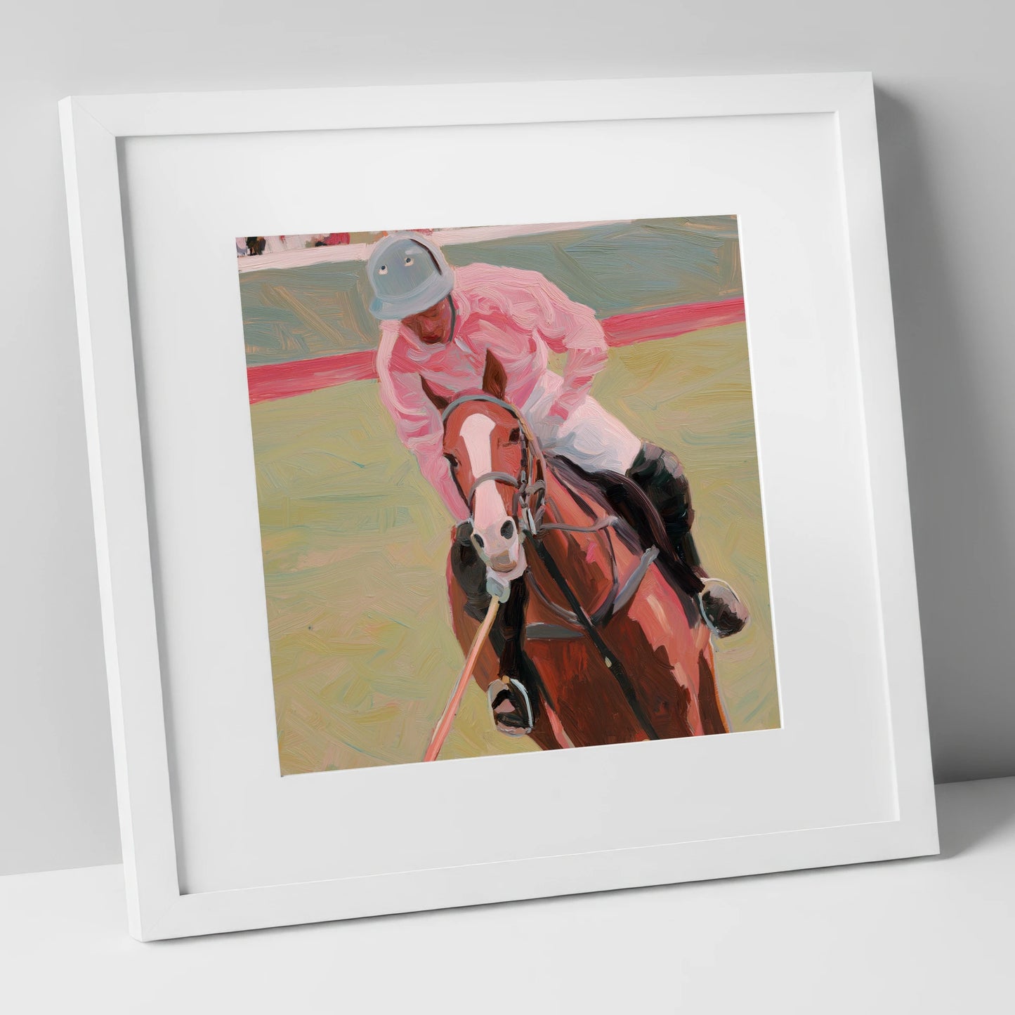 Dusty Pink Pursuit polo horse art print in white frame