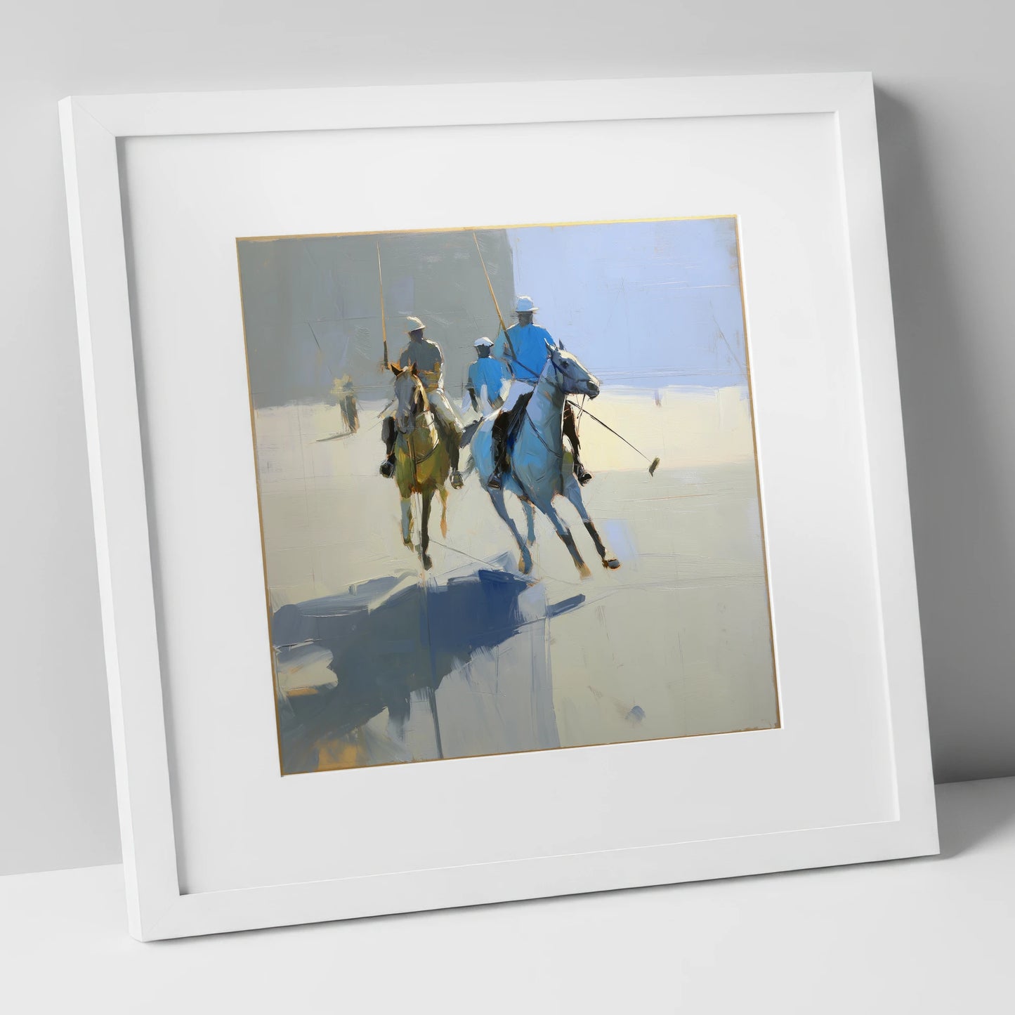 Slate Blue Chukka polo horse art print in white frame