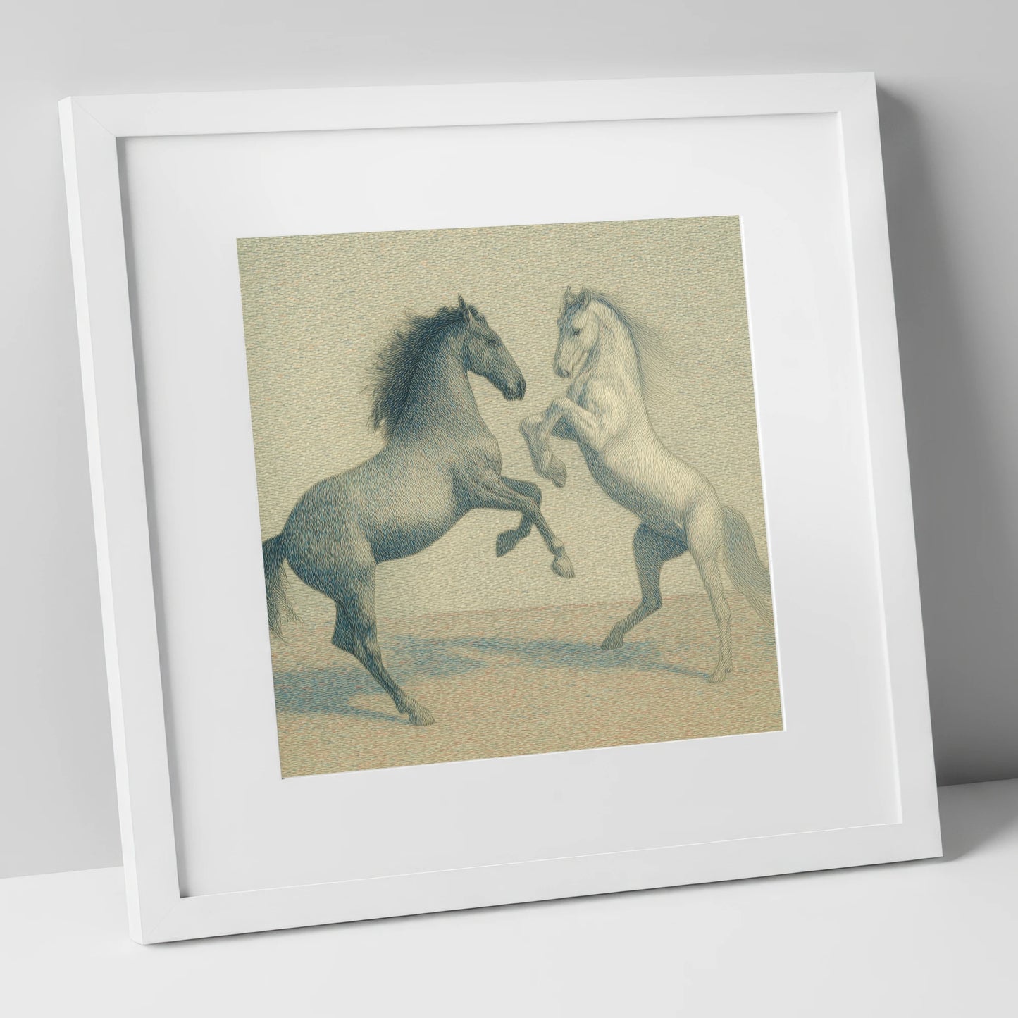 Timeless Equine Encounter wild horses art print in white frame