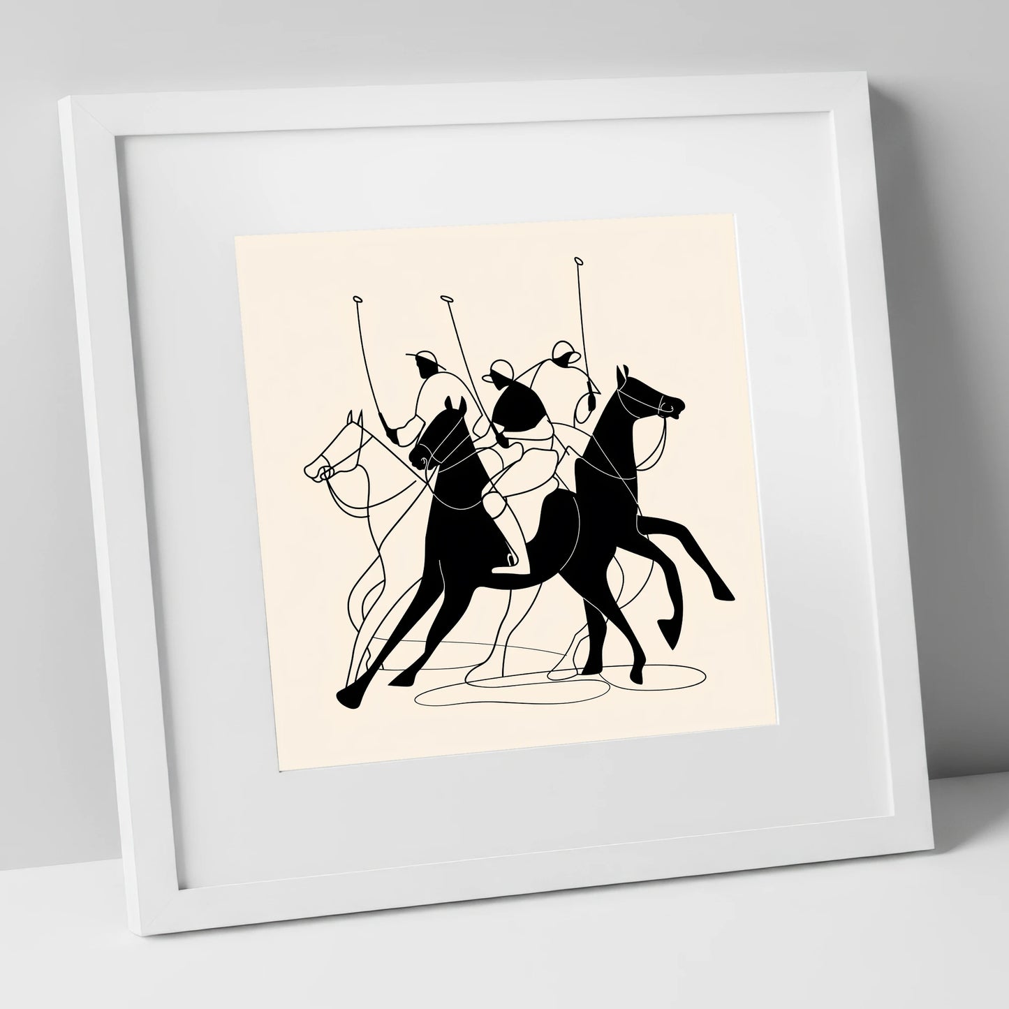Dynamics of the Match polo horse art print in white frame