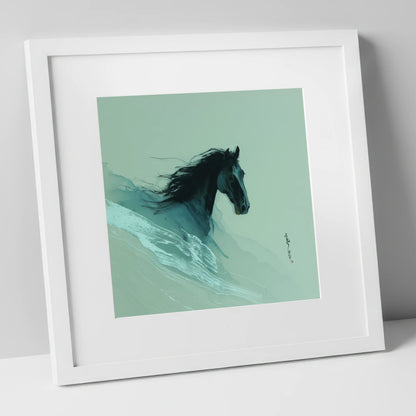 Charcoal Tempest horse breed art print in white frame