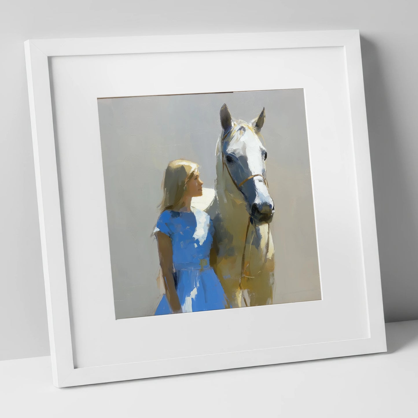 A Sunlit Bond horse & rider art print in white frame