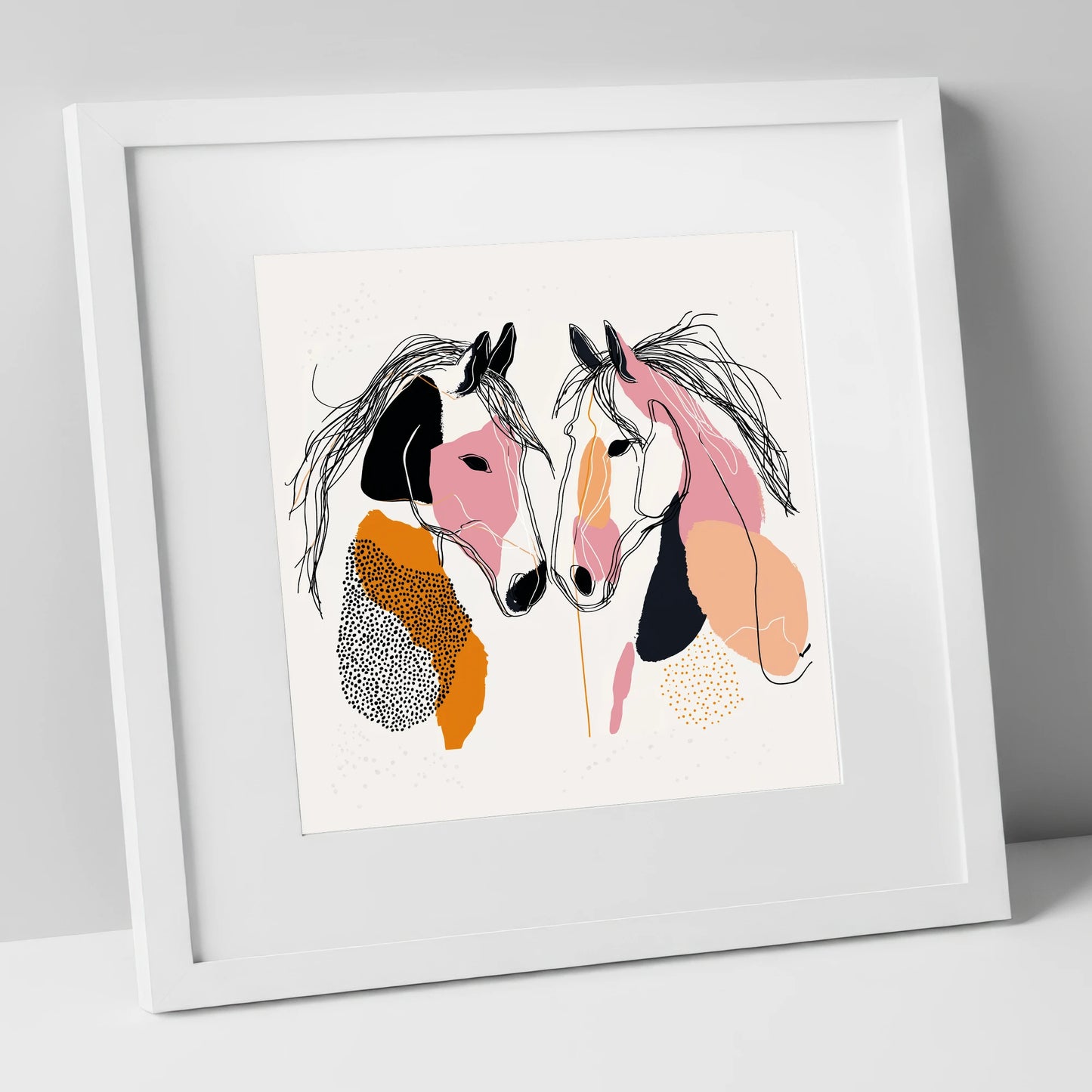 Contemporary Equine Connection horse portrait art print in white frame