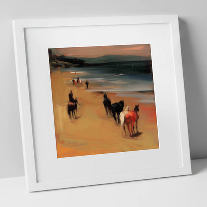 Twilight Coastal Hack horse landscape art print in white frame