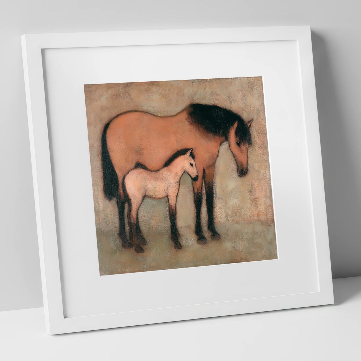 Earthen Bond mare & foal art print in white frame