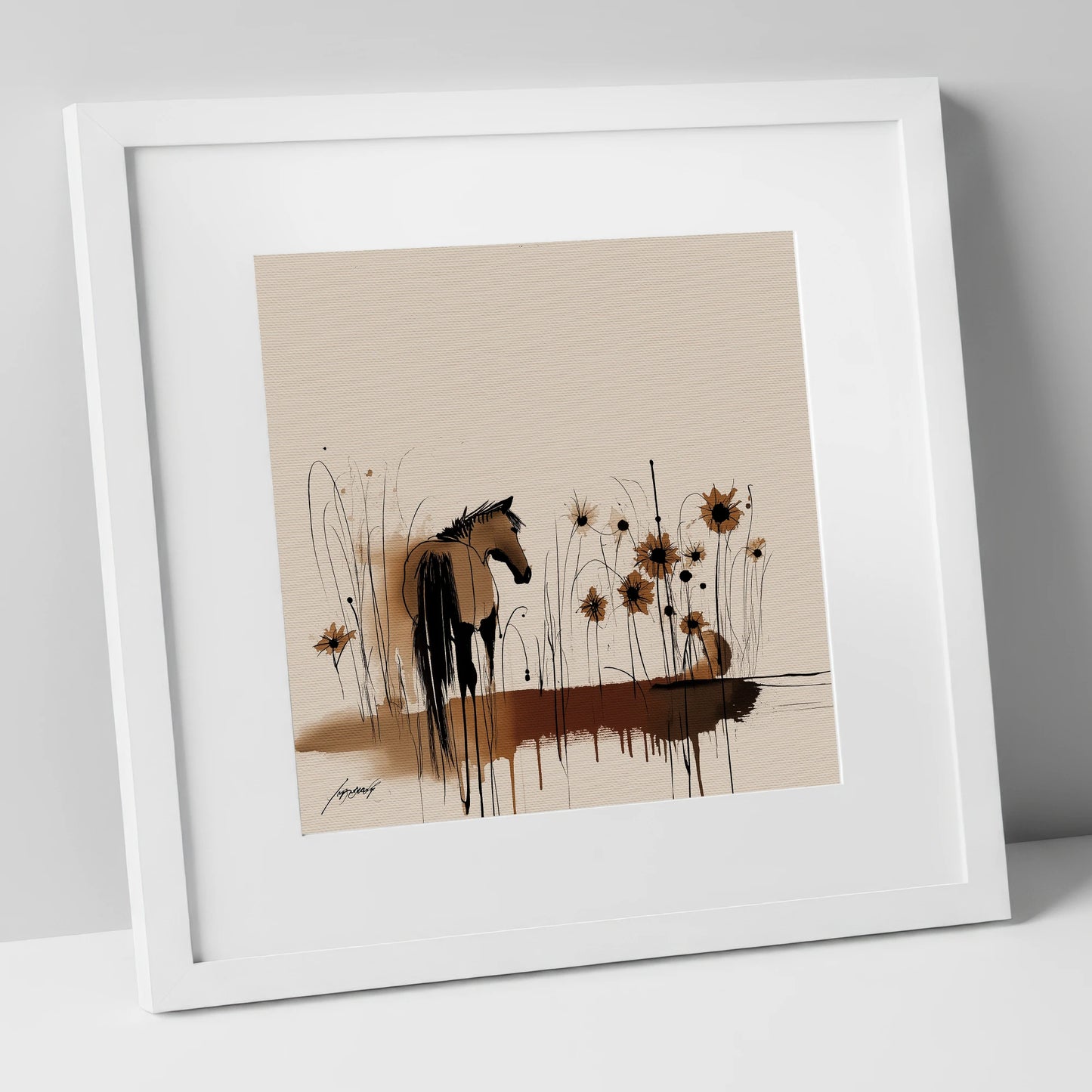 Sepia Meadow Silhouette horse landscape art print in white frame