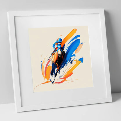 Blue Silks Surging racing horse art print in white frame