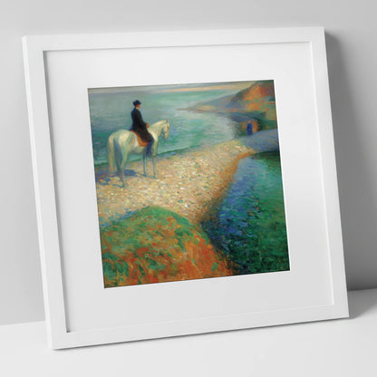 Luminous Coastal Hack beach horse art print in white frame