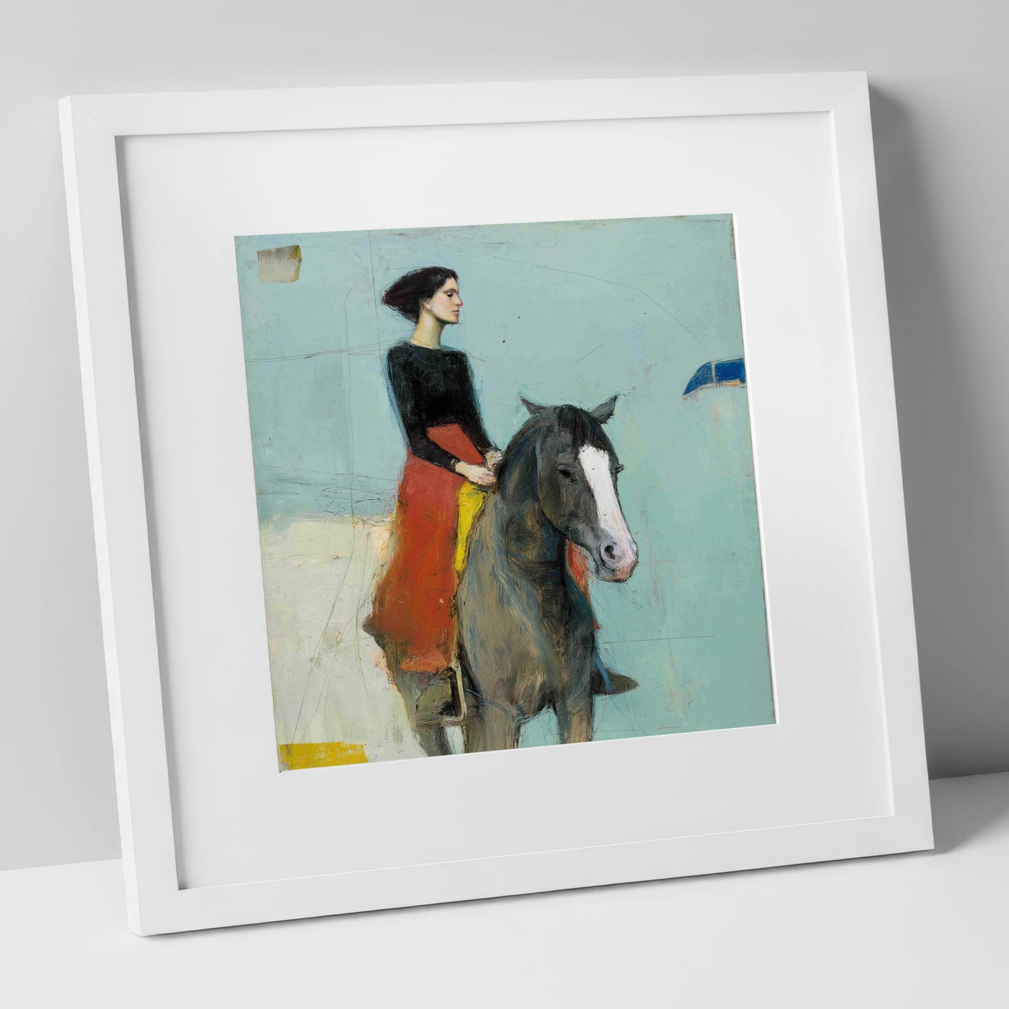 Poised in Profile horse & rider art print in white frame
