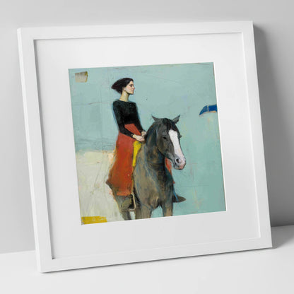 Poised in Profile horse & rider art print in white frame