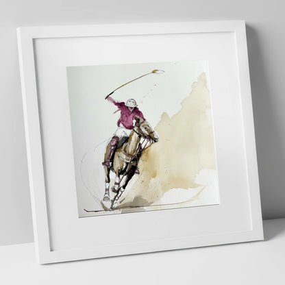The Decisive Swing polo horse art print in white frame