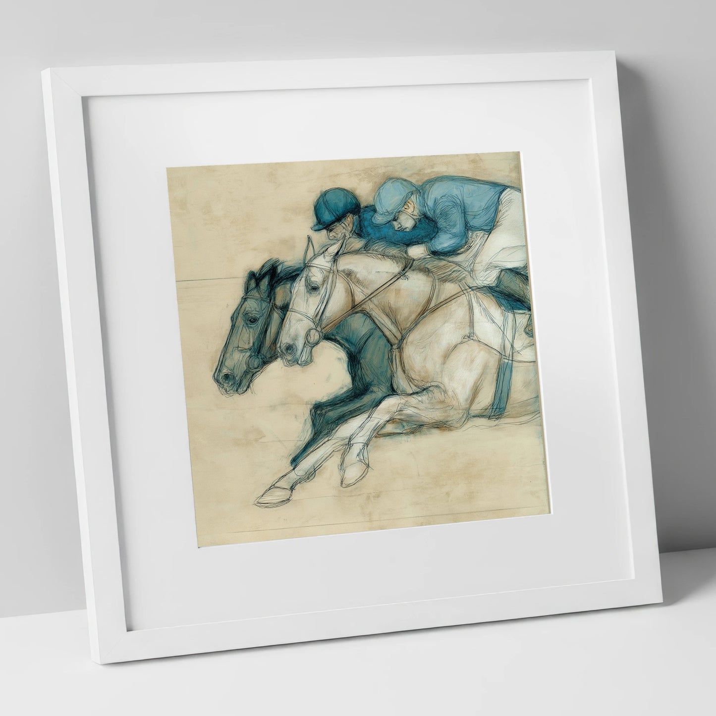 Neck and Neck racing horse art print in white frame