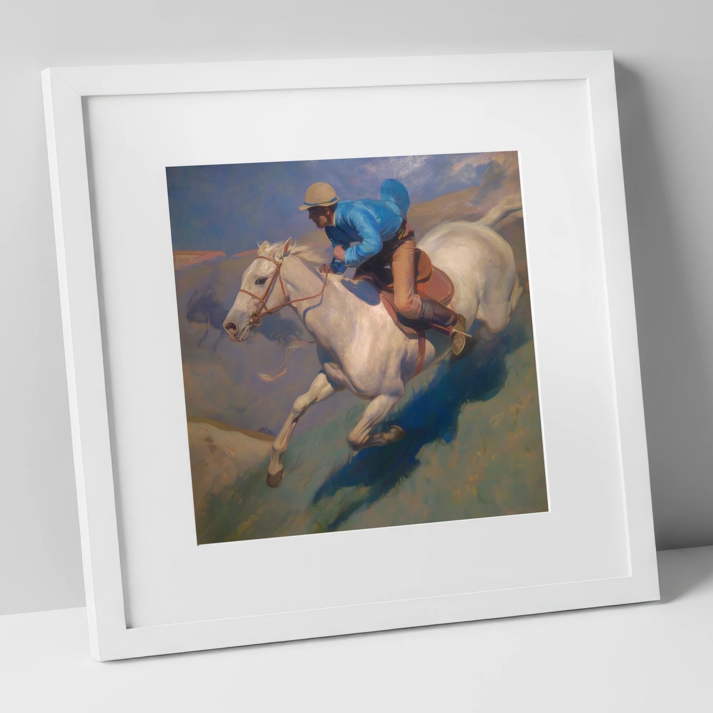 Cerulean Gallop racing horse art print in white frame