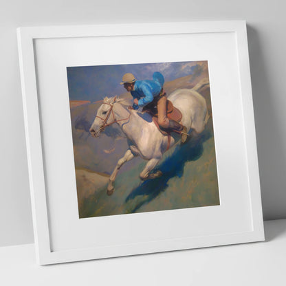 Cerulean Gallop racing horse art print in white frame