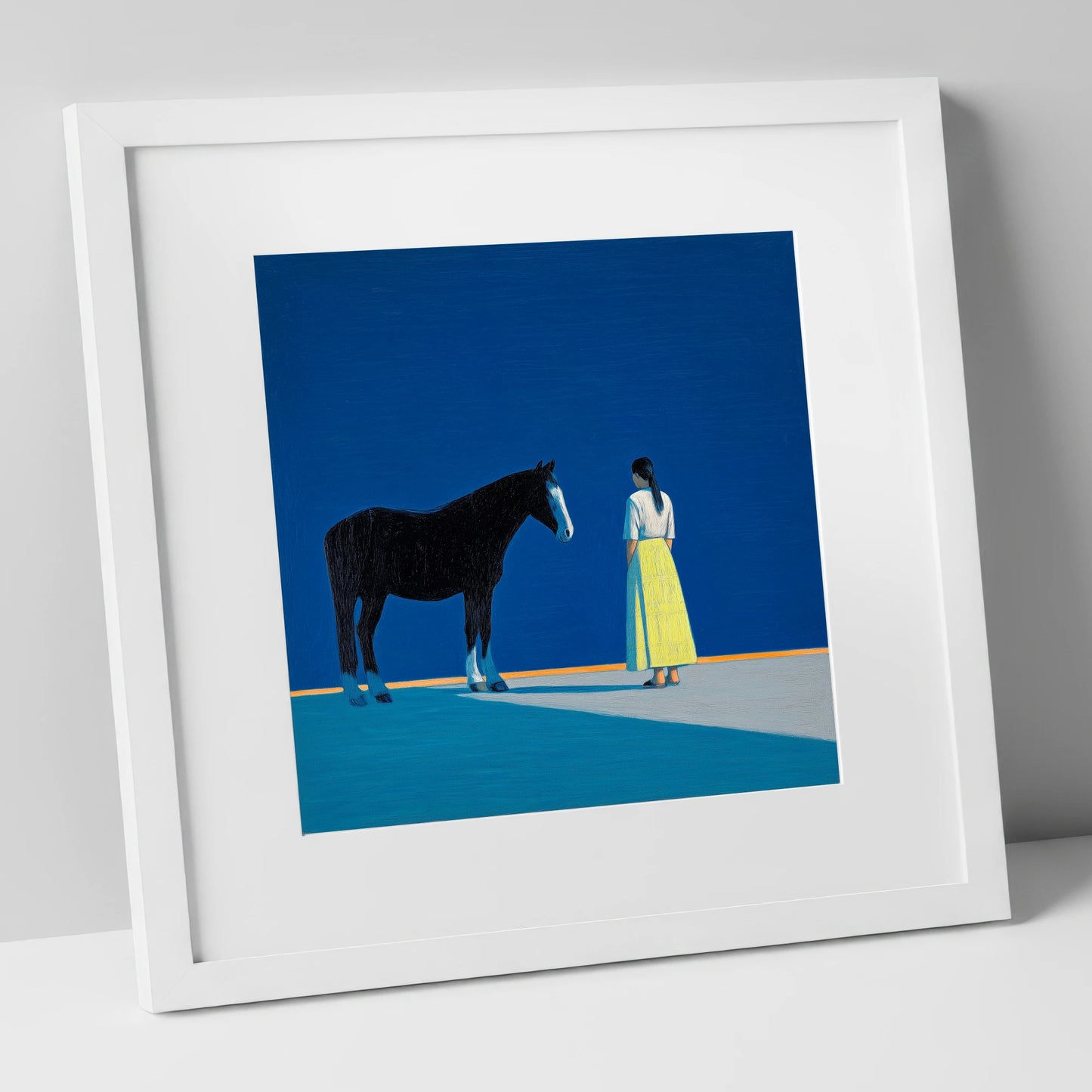 The Meeting Place horse & rider art print in white frame
