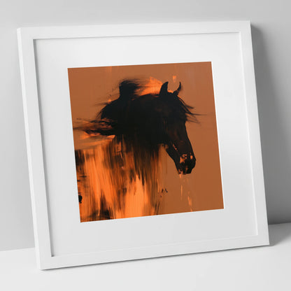 Black Horse Silhouette on Amber horse breed art print in white frame