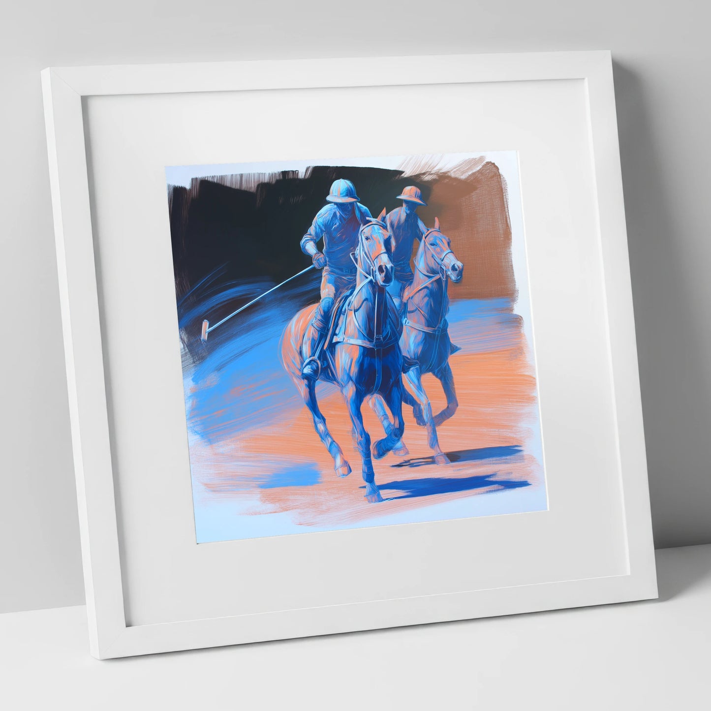Cobalt Polo Pursuit polo horse art print in white frame