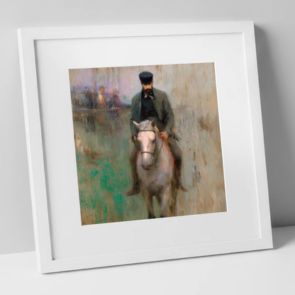 The Morning Work racing horse art print in white frame