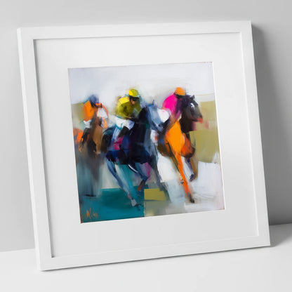 Rush of Silks racing horse art print in white frame