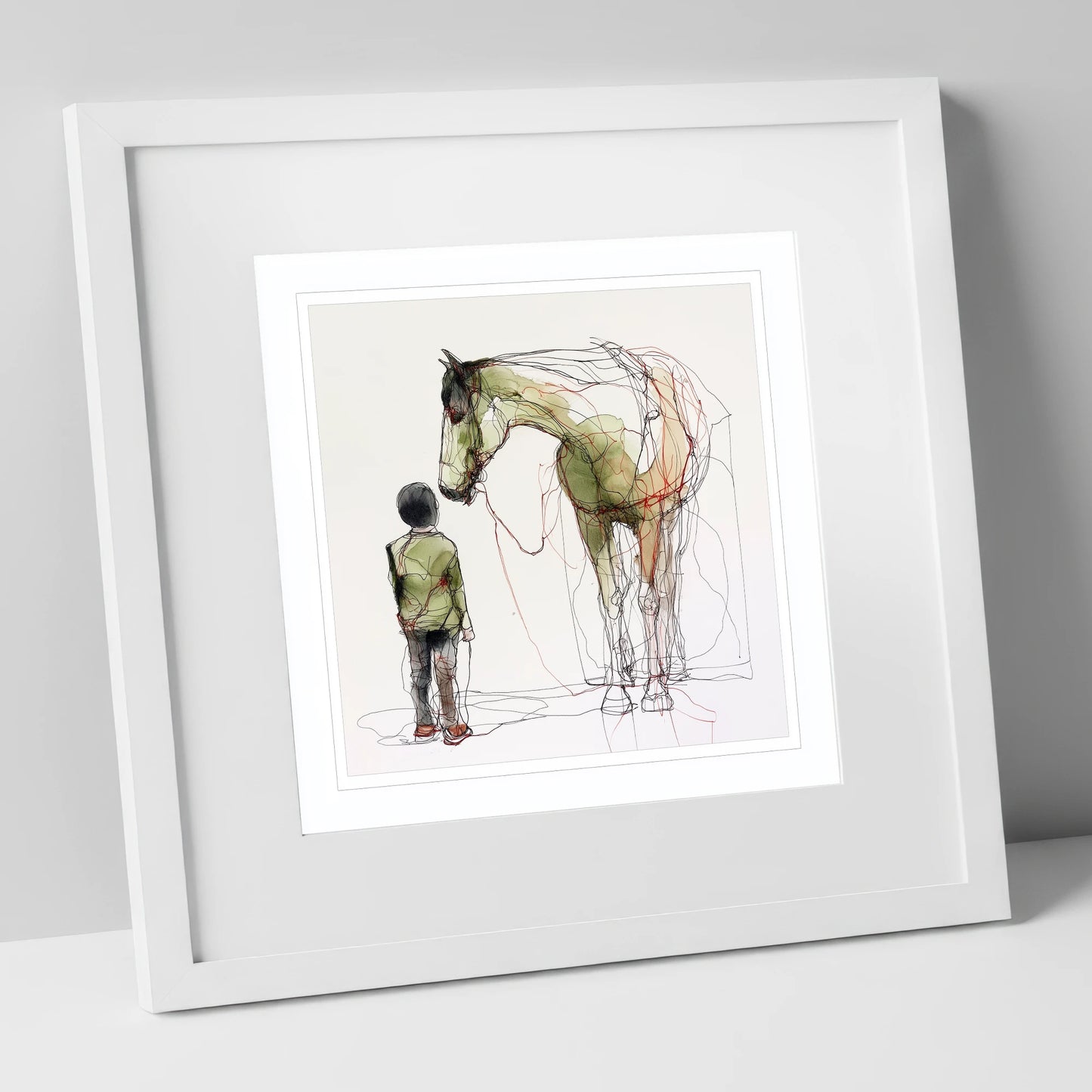 Threads of Connection horse & rider art print in white frame