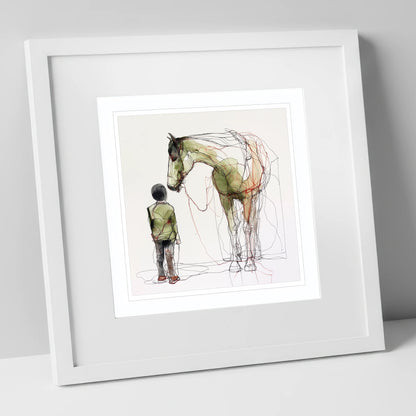 Threads of Connection horse & rider art print in white frame