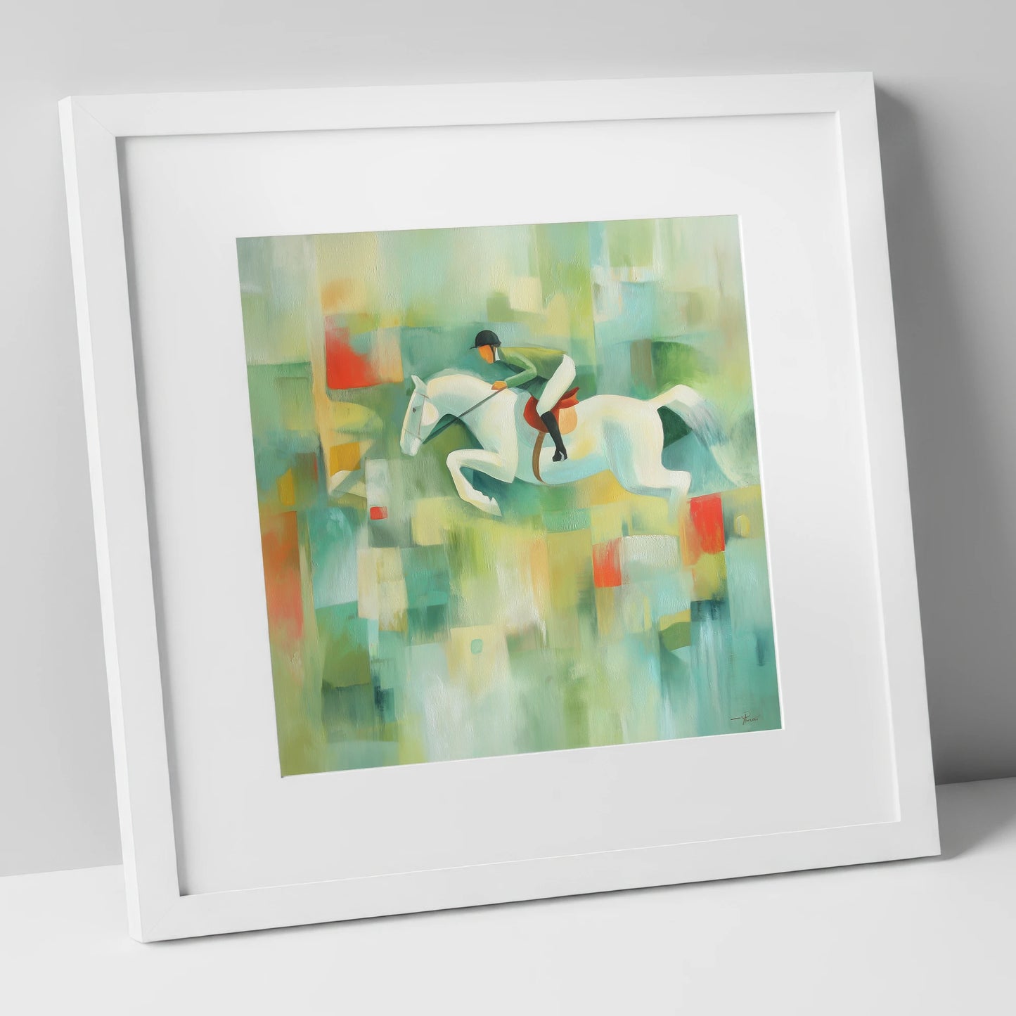 The Modern Leap show jumping horse art print in white frame