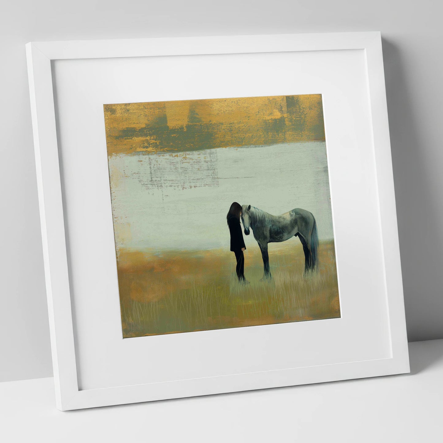 The Quiet Bond horse & rider art print in white frame
