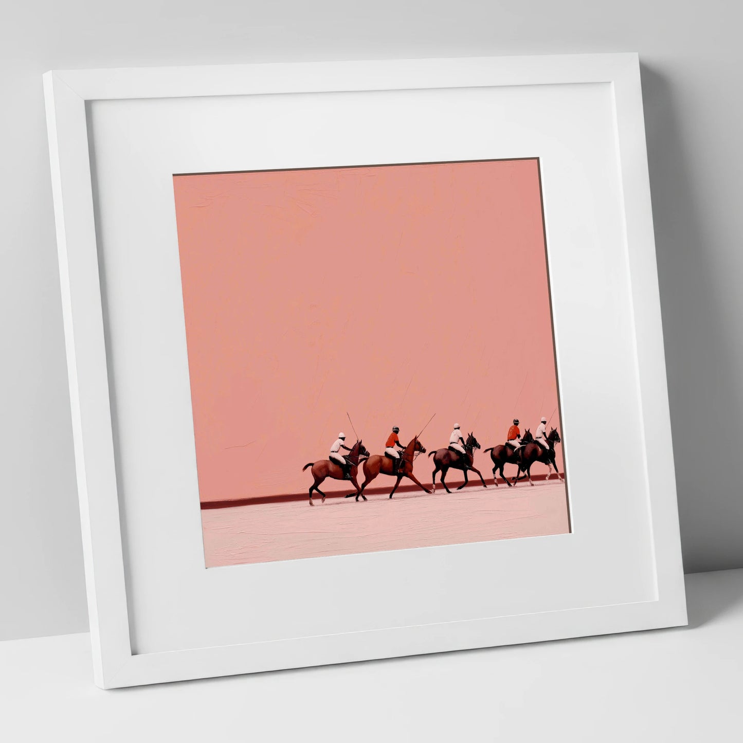 Dusty Rose Chukka polo horse art print in white frame
