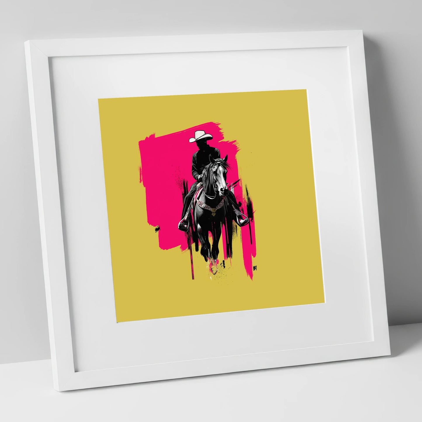 Magenta High Noon western horse art print in white frame
