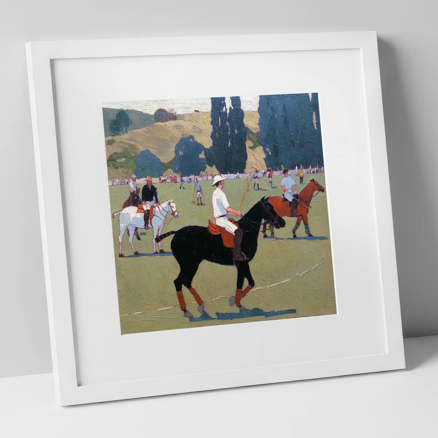 Midsummer Polo Pause polo horse art print in white frame
