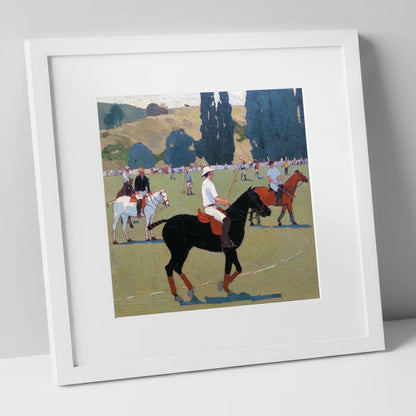 Midsummer Polo Pause polo horse art print in white frame