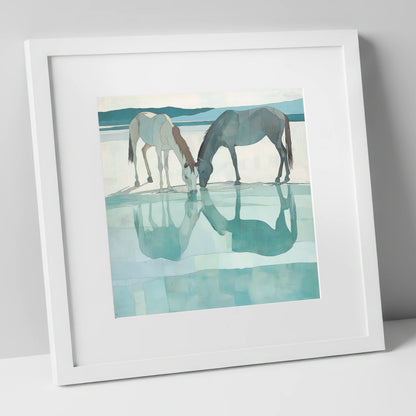 Mirrored Serenity wild horses art print in white frame