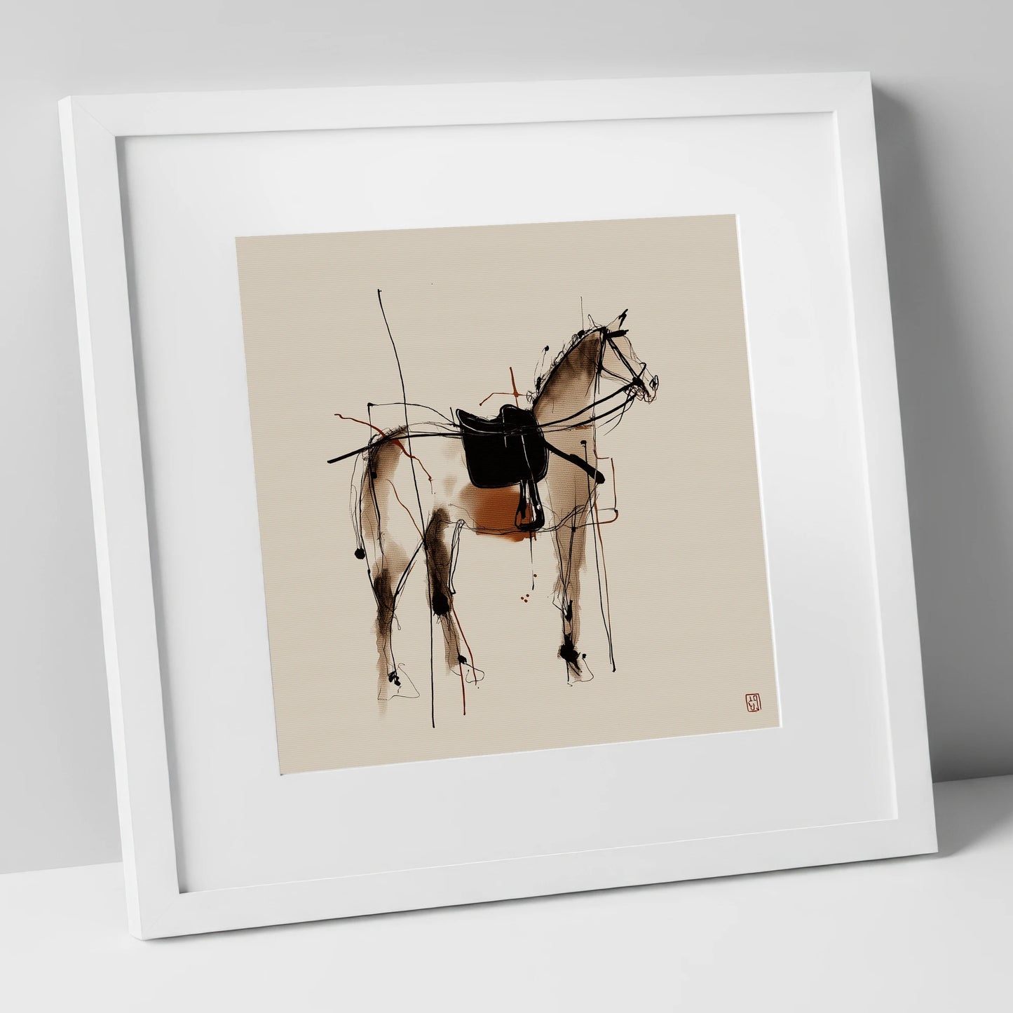Saddled Equine Silhouette horse portrait art print in white frame