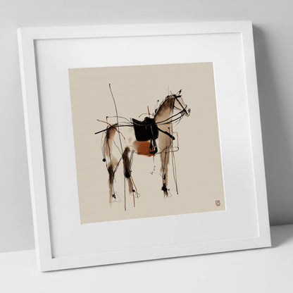 Saddled Equine Silhouette horse portrait art print in white frame