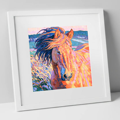 Vibrant Windblown Horse Portrait horse breed art print in white frame