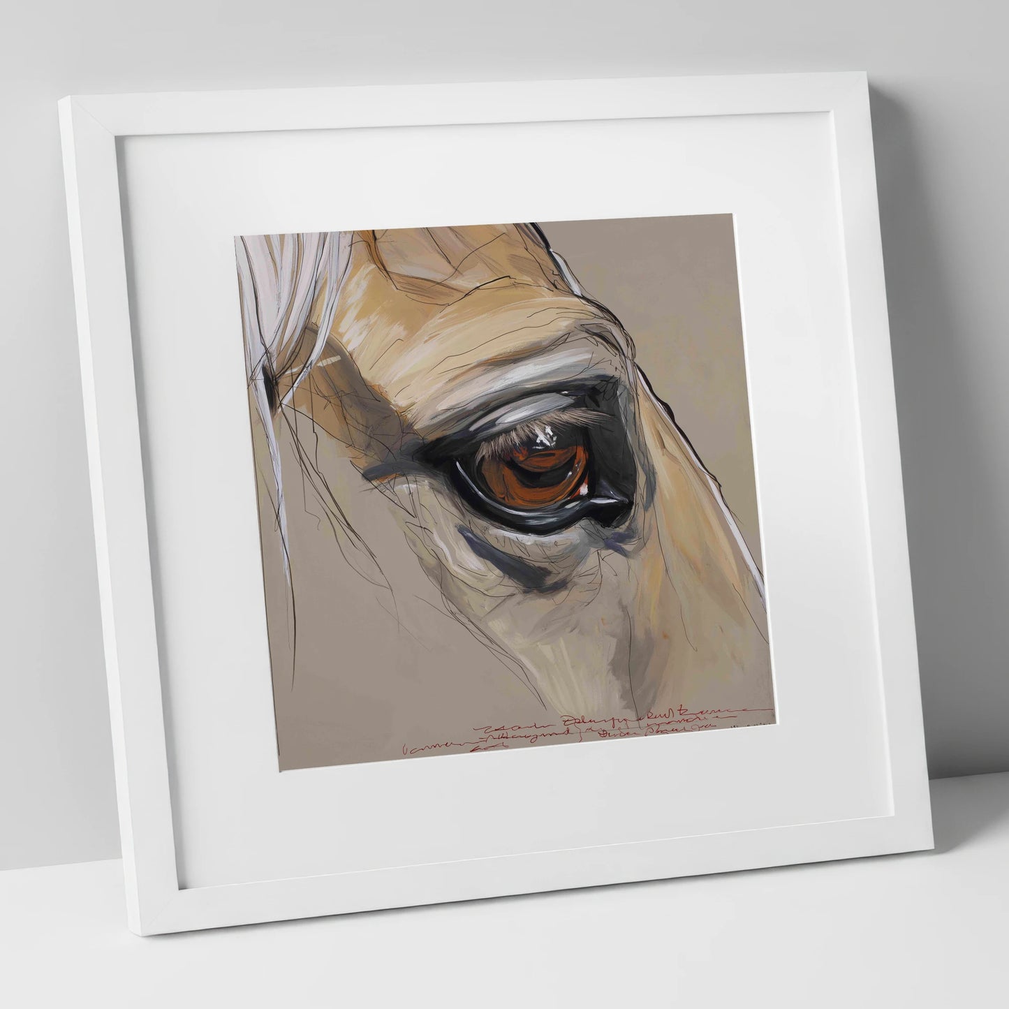 A Quiet Connection horse portrait art print in white frame