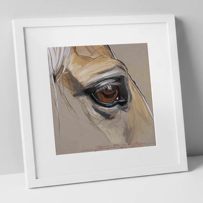 A Quiet Connection horse portrait art print in white frame