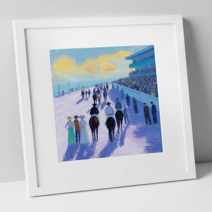 Parade Before the Post racing horse art print in white frame