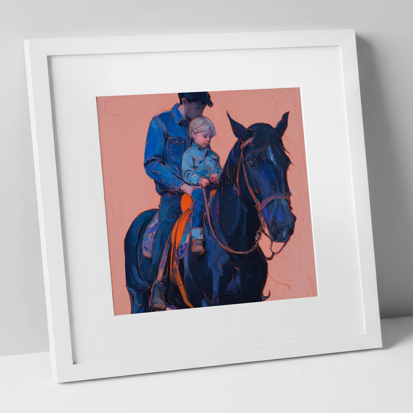 Safe in the Saddle horse & rider art print in white frame