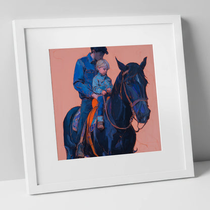 Safe in the Saddle horse & rider art print in white frame