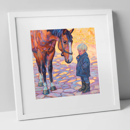 The Gentle Encounter horse & rider art print in white frame