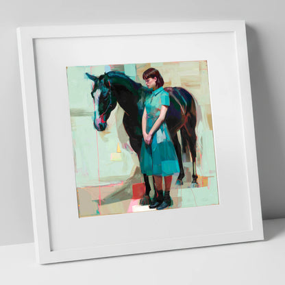 A Quiet Connection horse & rider art print in white frame